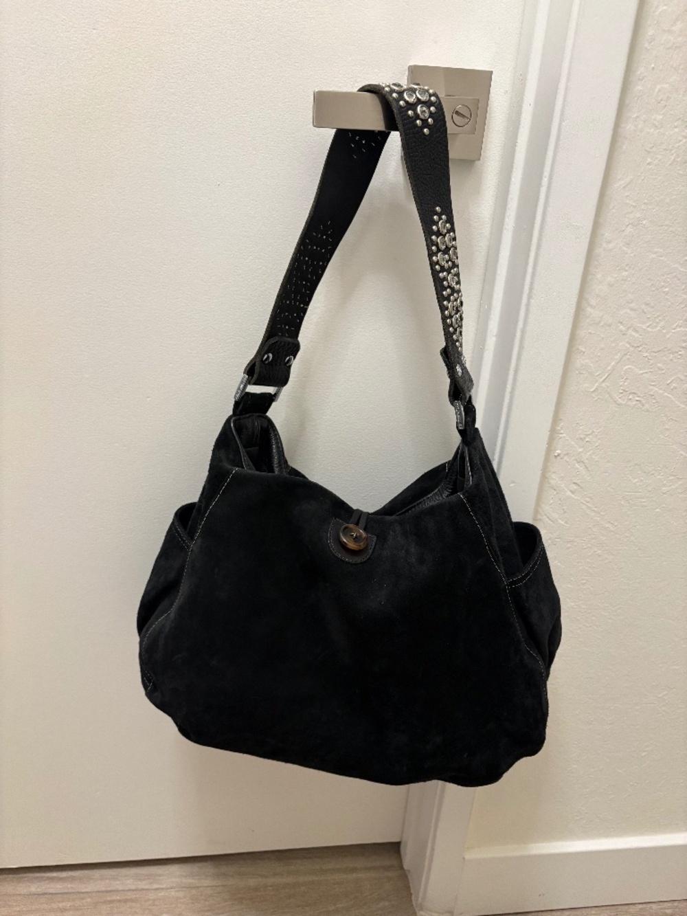 Y2K Tylie Malibu suede shoulder bag with embellished strap